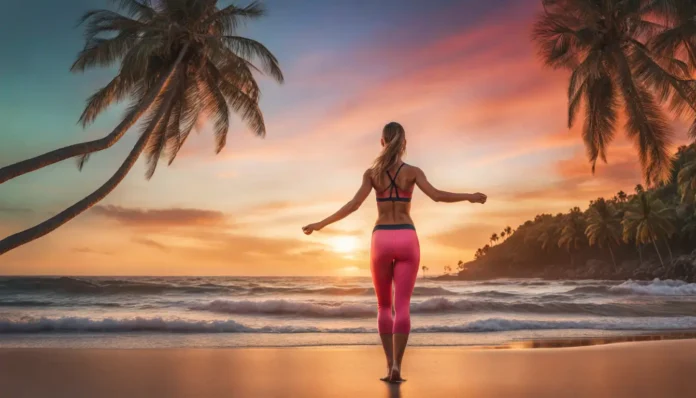 Mulher correndo na praia ao nascer do sol, mar calmo ao fundo e palmeiras, ilustra como manter a forma física durante as férias